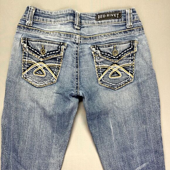 Red Rivet‎ Jeans Women's Blue Light Wash Thick Stitch Skinny Size 5 Flap Pocket - Picture 10 of 15
